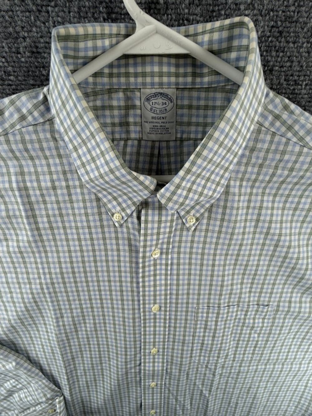 Brooks Brothers Blue Green Check Regent Button-Down Cotton Non-Iron 17.5 34 Mens